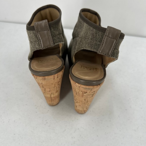 Stuart Weitzman Glove Tan Stretch Wedge Sandals 7.5 Classic Minimalist Peep Toe - Picture 3 of 9
